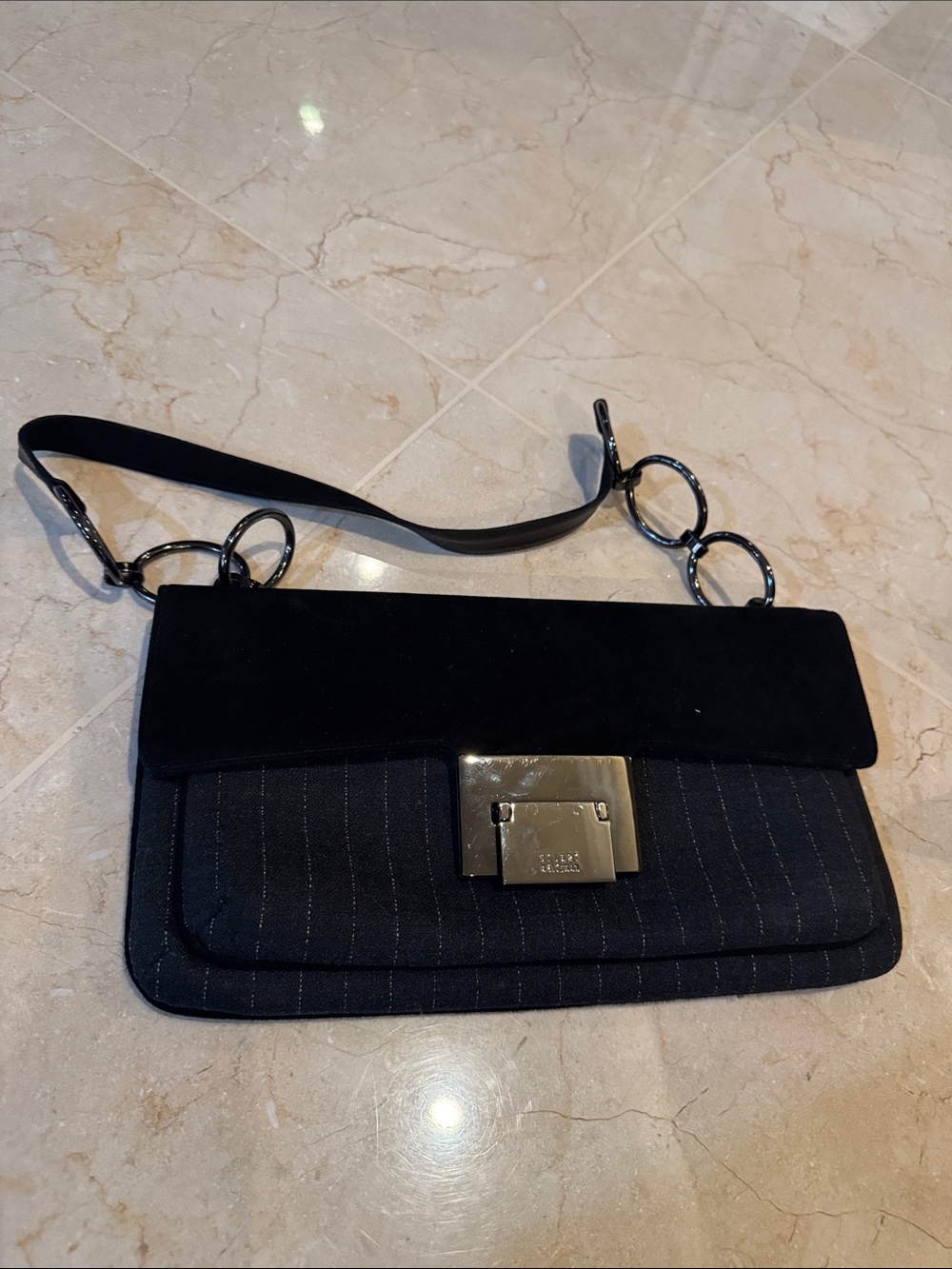 Black Suede & Pinstripe Shoulder Bag - Stuart weitzman matching shoes available